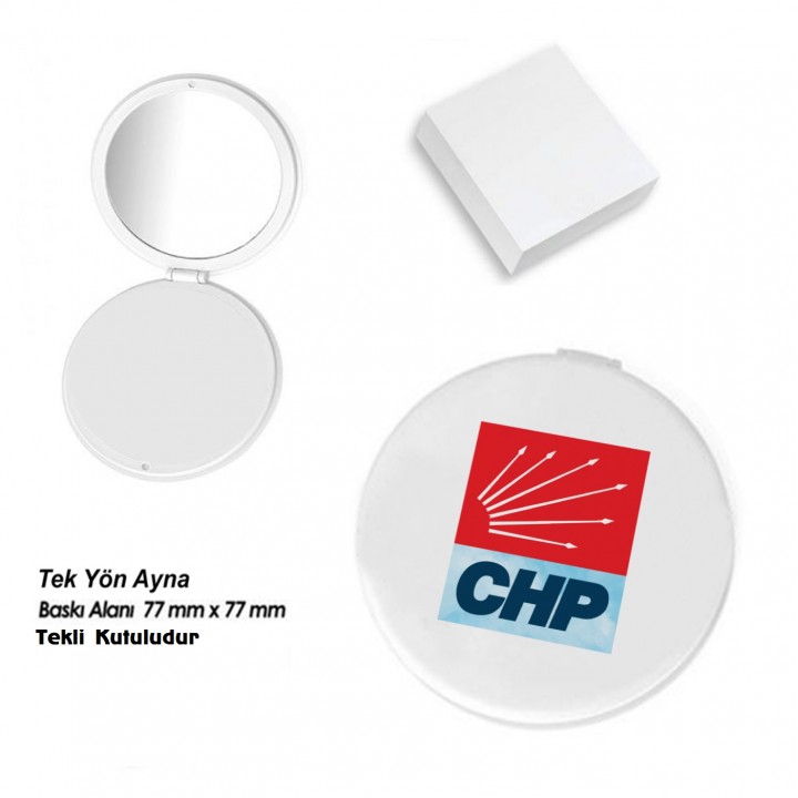 CHP Logolu Yuvarlak Cep Aynası 8 cm Tekli Kutulu Tek Yön UV Baskılı Promosyon Model